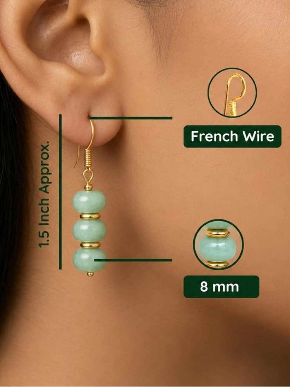 Gold and Aqua Bead Drop Earrings - Women Jewelry - Picture 2 of 5